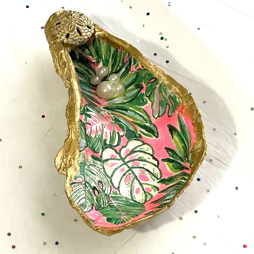 Pink & Green Palm Tree Oyster Shell Trinket Tray-Lilly P Style Oyster Shell-New